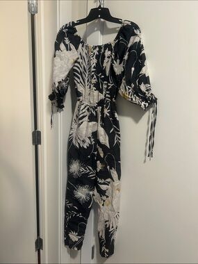 H&M Black Floral Puff-Sleeve Jumpsuit with Cream & Yellow Details